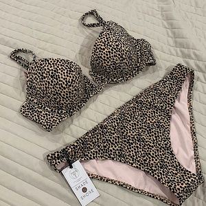 Shade & shore 34B M bathing suit bikini dotted black nude pattern padded wired
